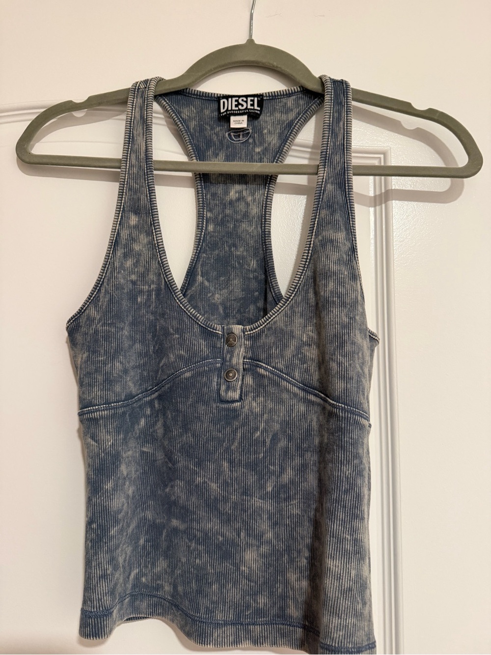 Diesel Blue Acid-Wash Ribbed Henley Tank